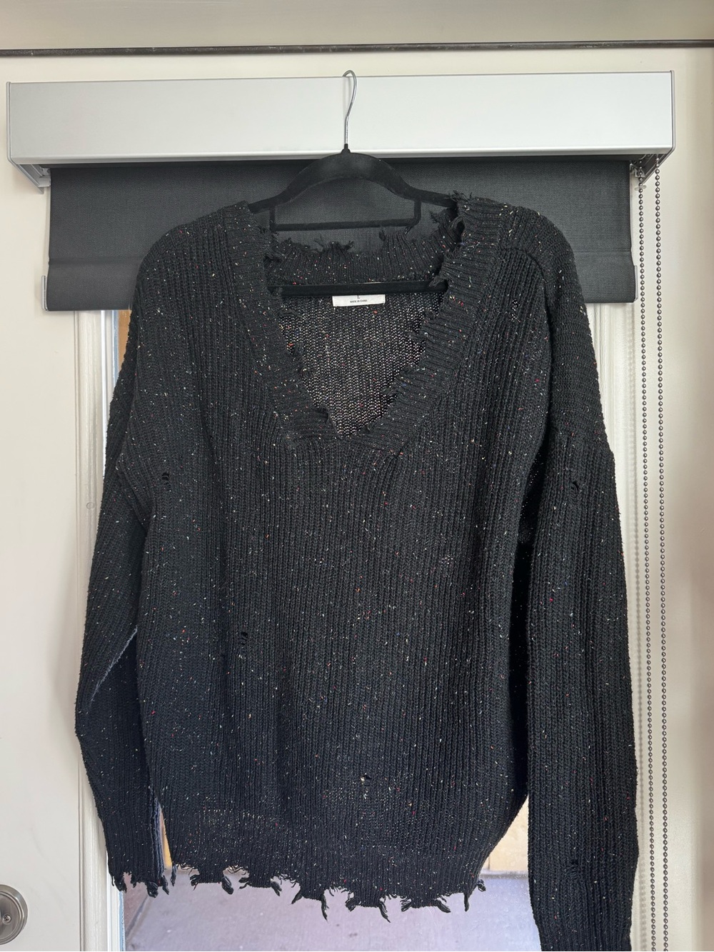 Zenana Outfitters Black Distressed V-Neck Sweater with Subtle Flecks